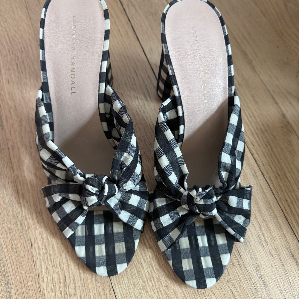 Loeffler Randall Black and Cream Gingham Bow Mules